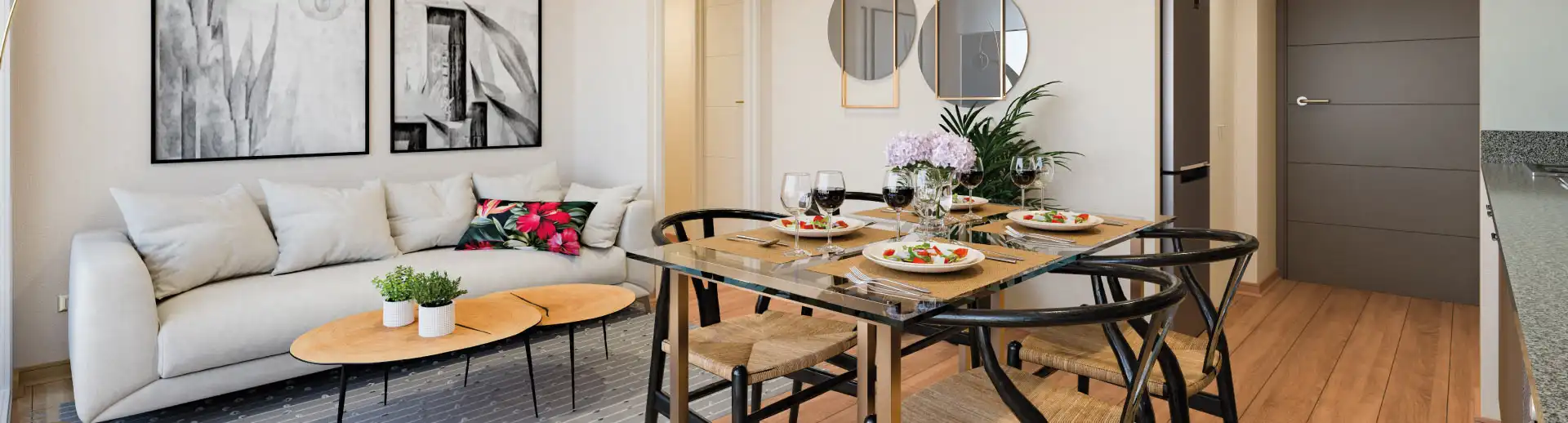 Comedor y sala de estar con piso vinílico SPC en moderno piloto de Condominio Francisco Zelada, Estación Central.