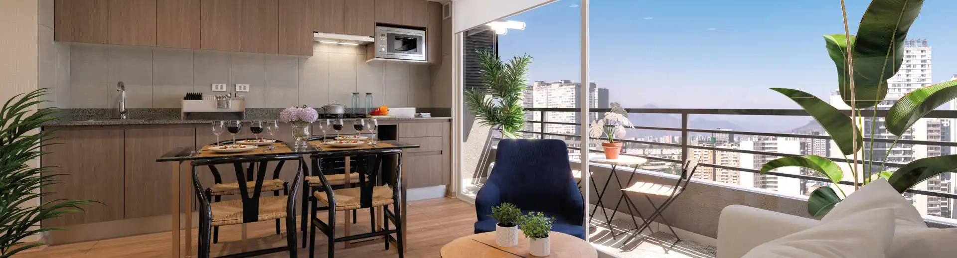 Luminoso living comedor con cocina equipada y piso vinílico SPC en Condominio Francisco Zelada, Estación Central.