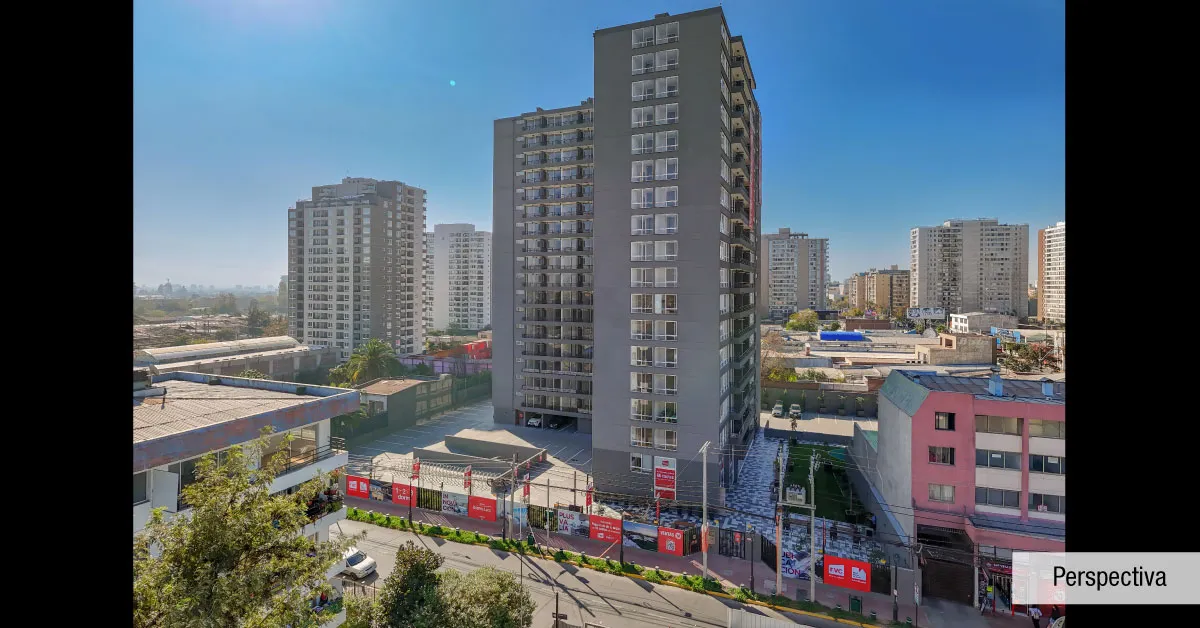 Fachada principal del Edificio Briones Luco en La Cisterna, destacando sus modernos 18 pisos.