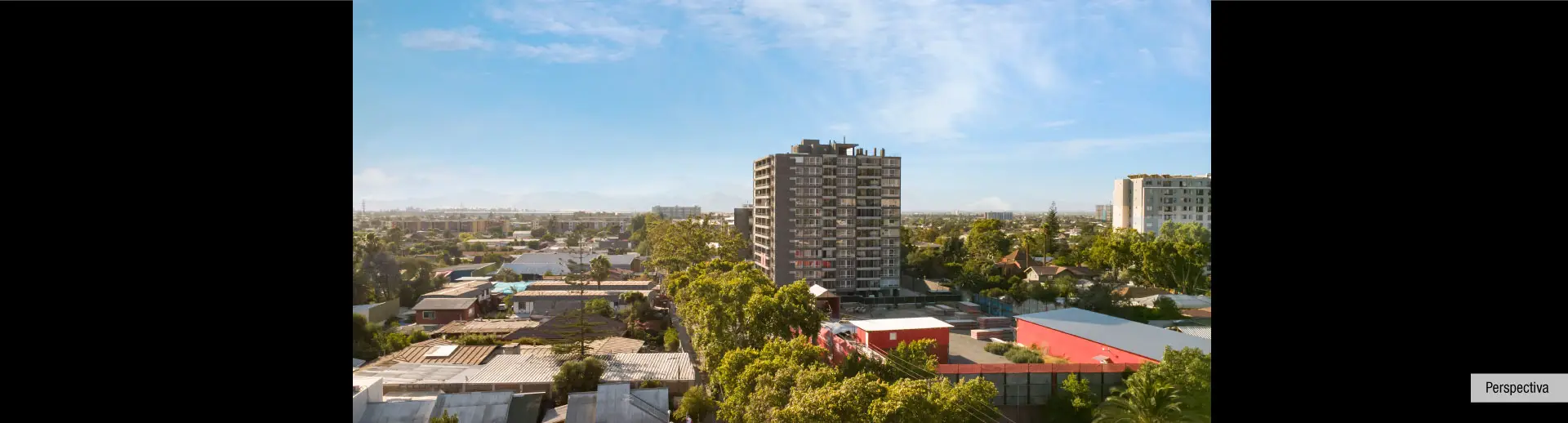 Perspectiva de Condominio Parque del Sur en La Cisterna, destacando sus 14 pisos y entorno.