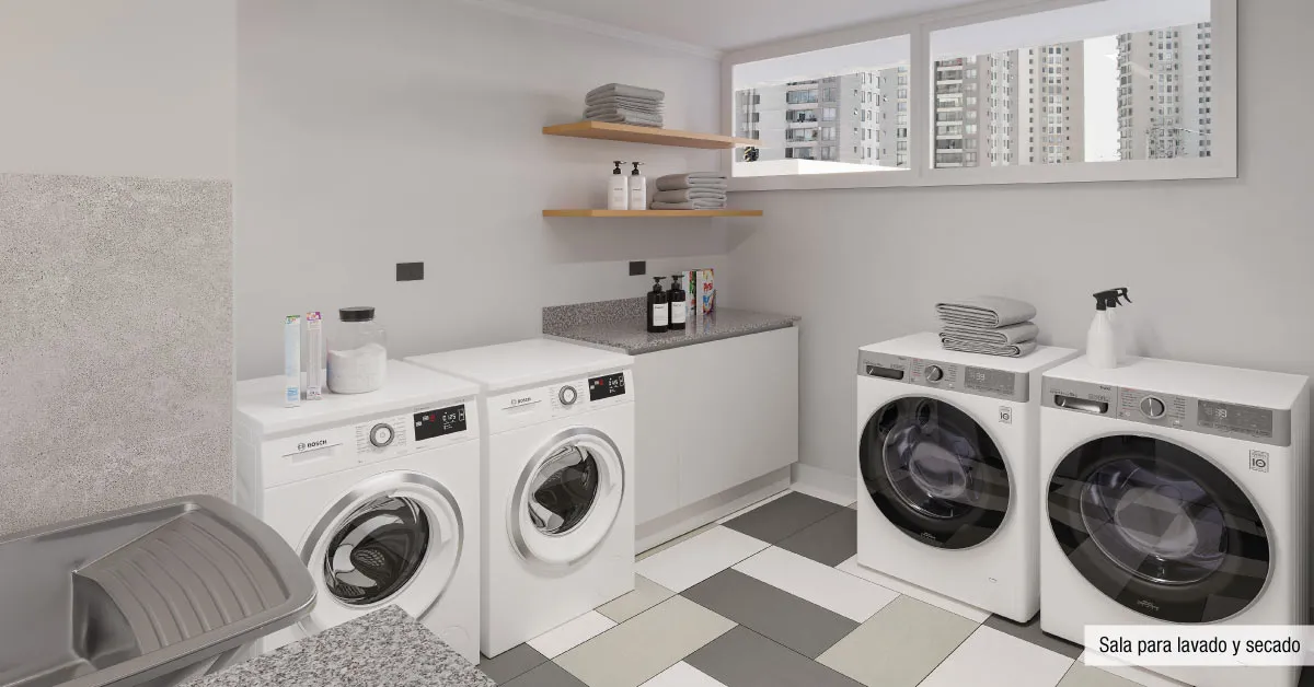 Sala para lavado y secado de Condominio Trocadero en Antofagasta, equipada con modernas máquinas.