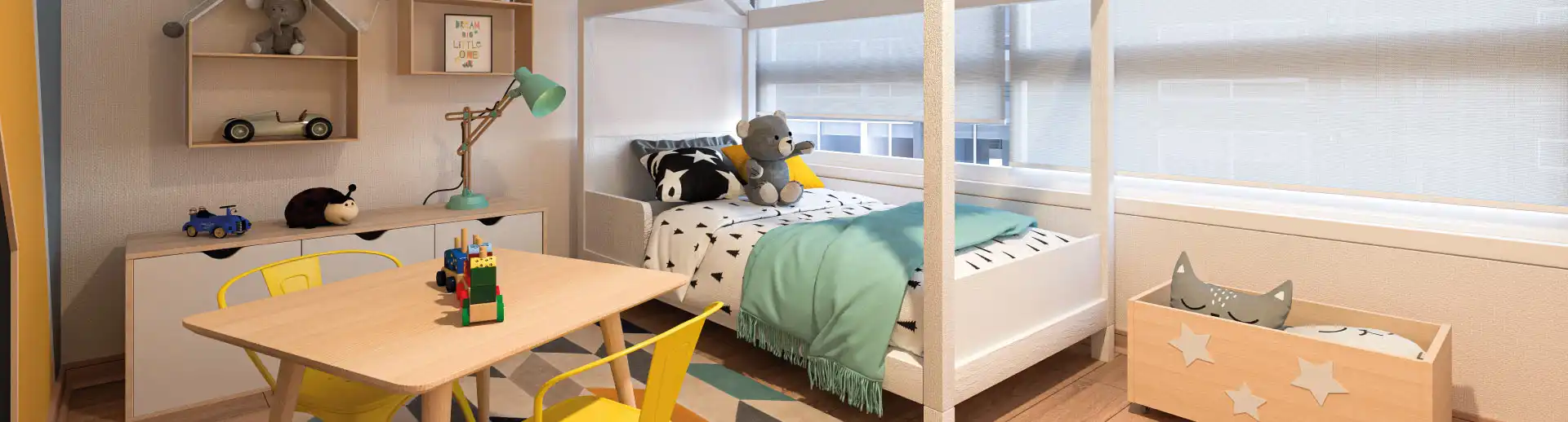 Dormitorio infantil con piso vinílico SPC en piloto del Condominio Francisco Zelada, Estación Central.