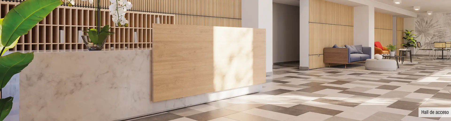 Hall de acceso de Edificio Santa Corina en La Cisterna, destacando recepción y conserjería 24 horas.