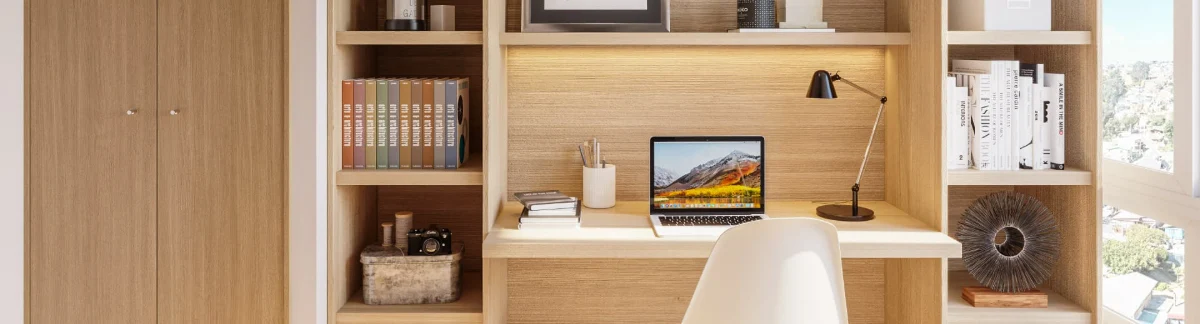 Espacio de home office con piso vinílico SPC en piloto de Edificio Álvarez Oriente, Viña del Mar.