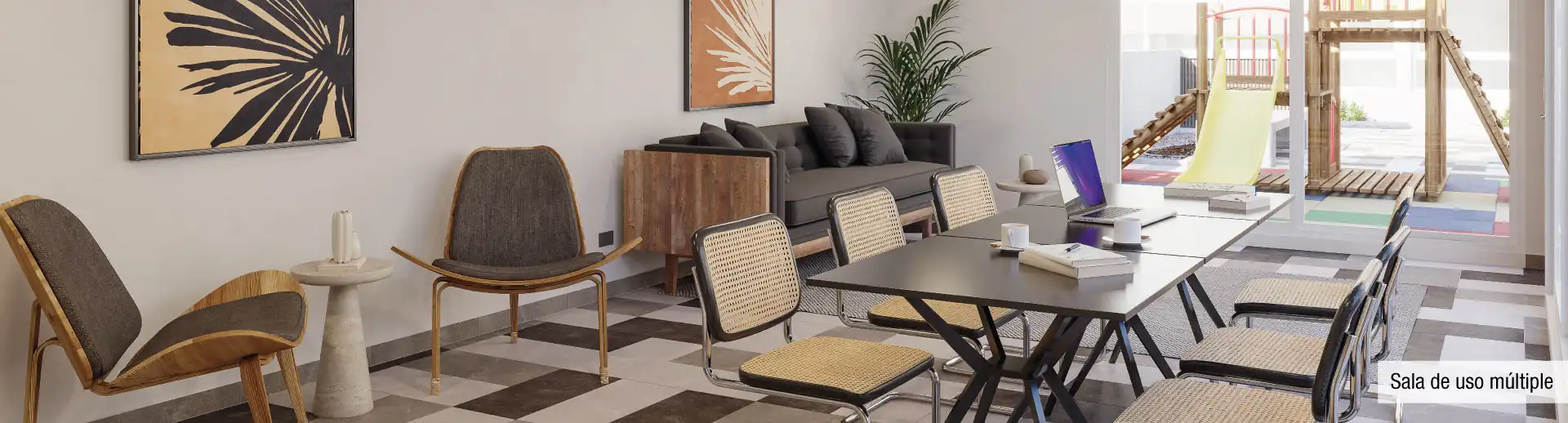 Sala de uso múltiple de Condominio Trocadero en Antofagasta, equipada con cómodos sectores de estar y mesas.
