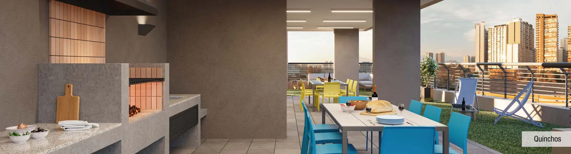 Quinchos de Edificio Pedro de la Barra en Santiago Centro, mostrando su terraza panorámica en el último piso.
