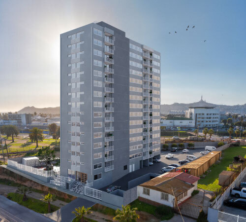 Elevación en perspectiva del edificio de Condominio Manuel Jesús Rivera 3, ubicado en Coquimbo.