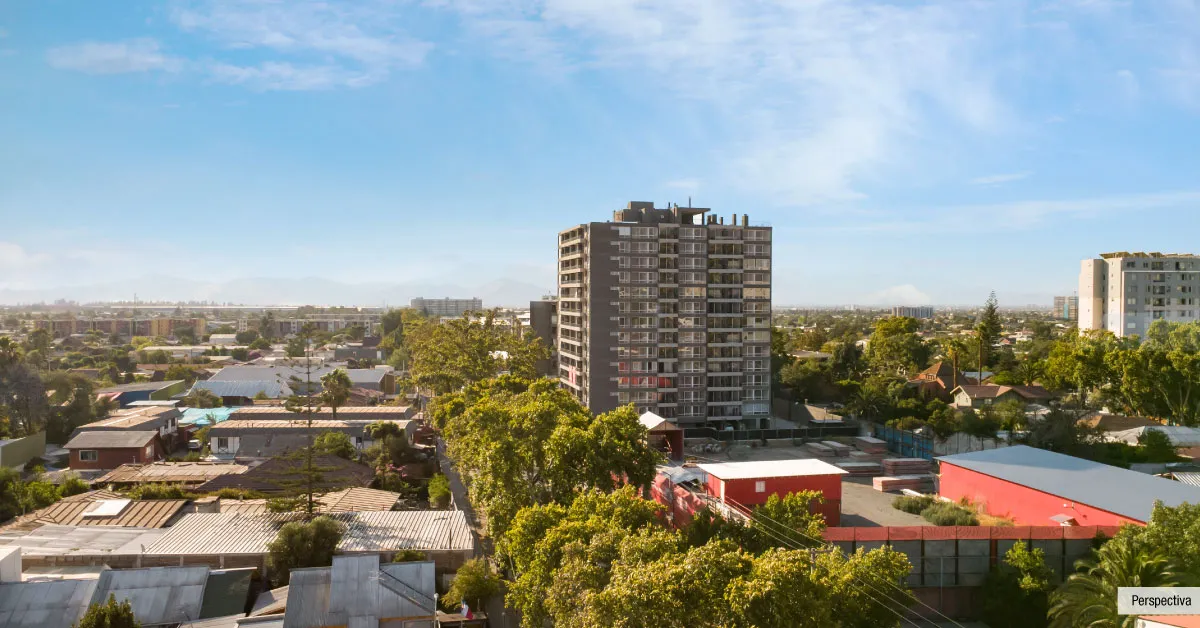 Perspectiva de Condominio Parque del Sur en La Cisterna, destacando sus 14 pisos y entorno.