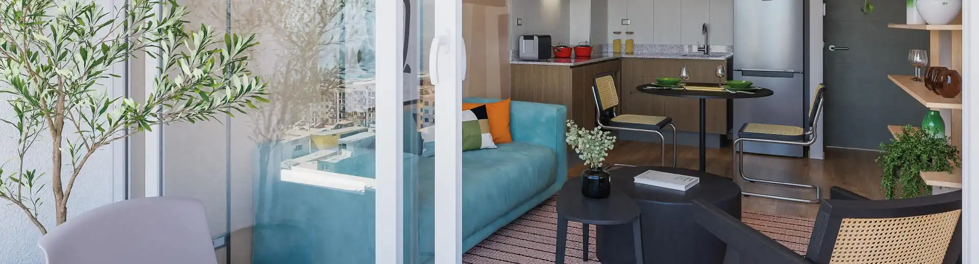 Terraza con piso gres porcelánico de Condominio Trocadero en Antofagasta, conectada al living con piso vinílico.