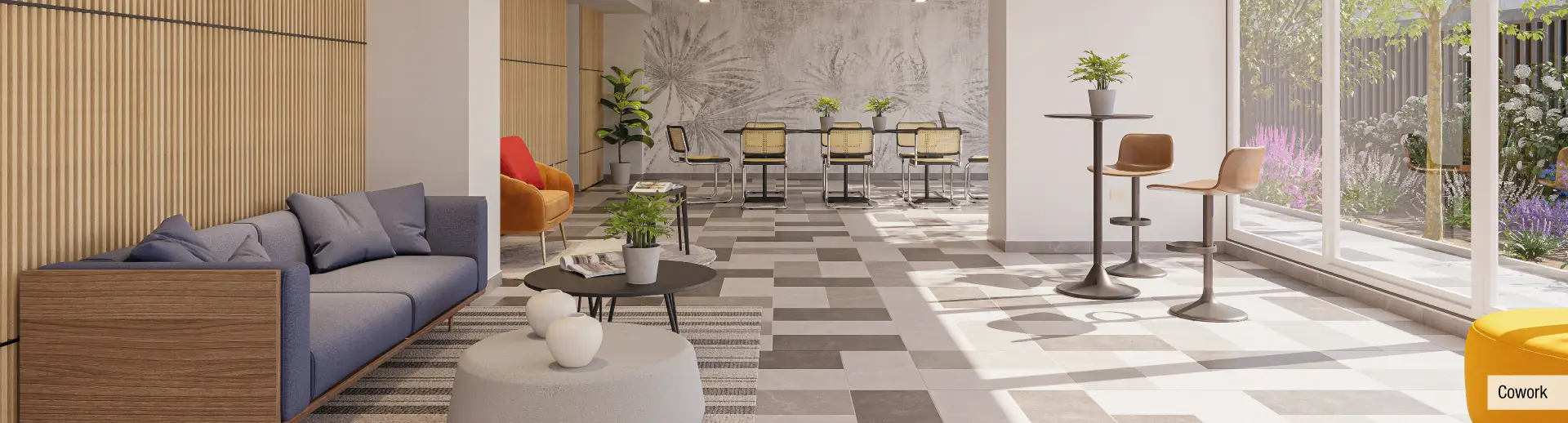 Sector Cowork en Edificio Santa Corina, La Cisterna, mostrando áreas de trabajo y moderna decoración.