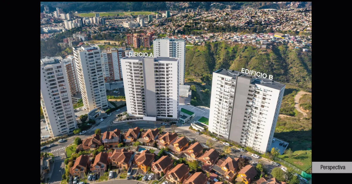 Vista aérea de las torres del Condominio Parque Marañón en Viña del Mar con accesos controlados.