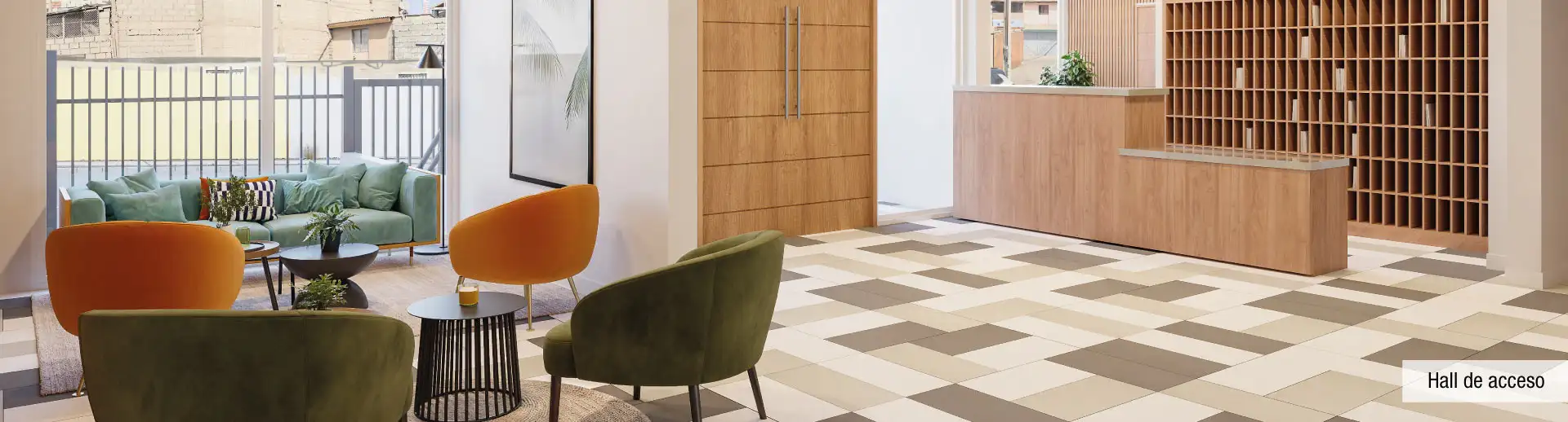 Hall de acceso independiente de Condominio Trocadero en Antofagasta, mostrando su moderna recepción.