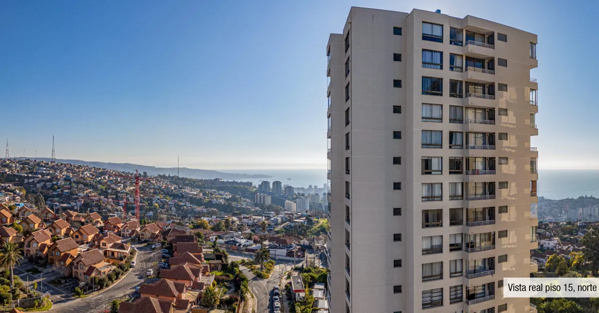 Vista norte despejada al mar desde piso 15 del Condominio Parque Marañón, Viña del Mar.