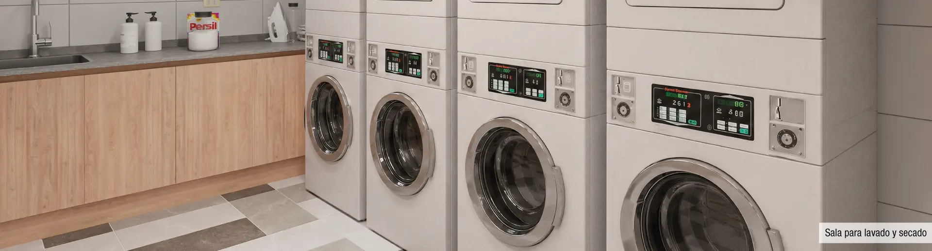 Sala para lavado y secado en Edificio Santa Corina, La Cisterna, mostrando su equipamiento.