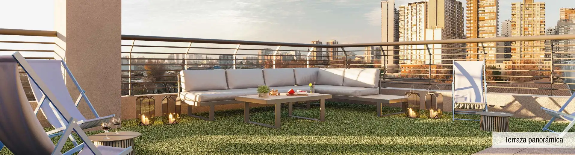 Terraza panorámica de Edificio Pedro de la Barra en Santiago Centro, destacando áreas de descanso en último piso.