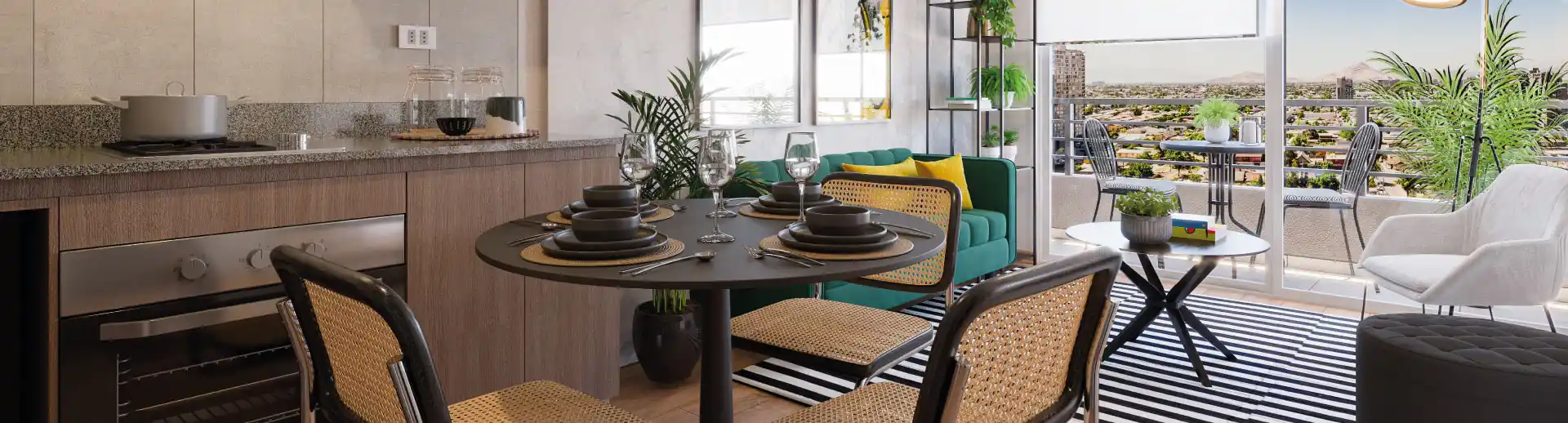 Cocina con cubierta de granito gris Mara y comedor en piloto de Condominio Francisco Zelada, Estación Central.