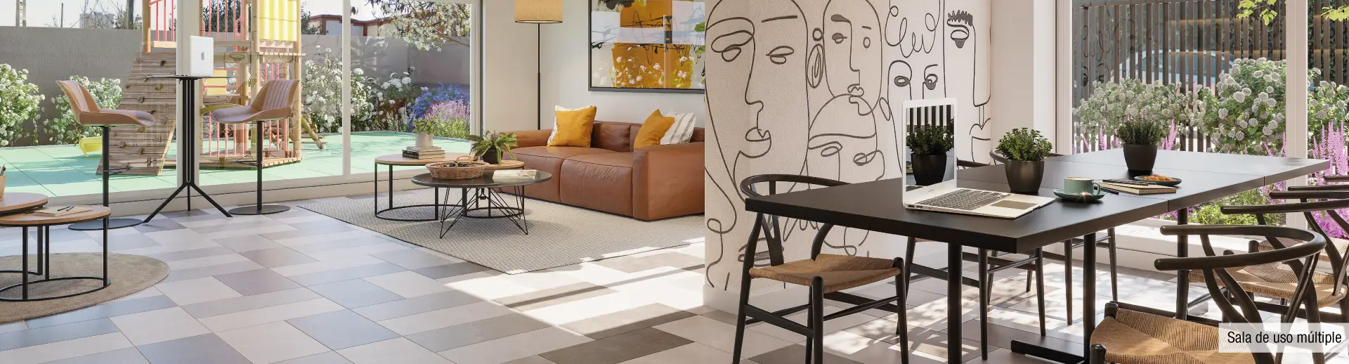 Sala de uso múltiple de Edificio Santa Corina, La Cisterna, mostrando conexión con áreas de juegos.
