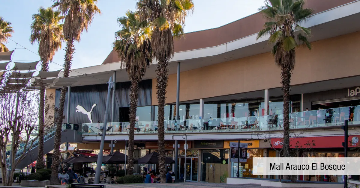 Mall Arauco El Bosque cercano a Condominio Parque del Sur en La Cisterna, destacando acceso a comercio.