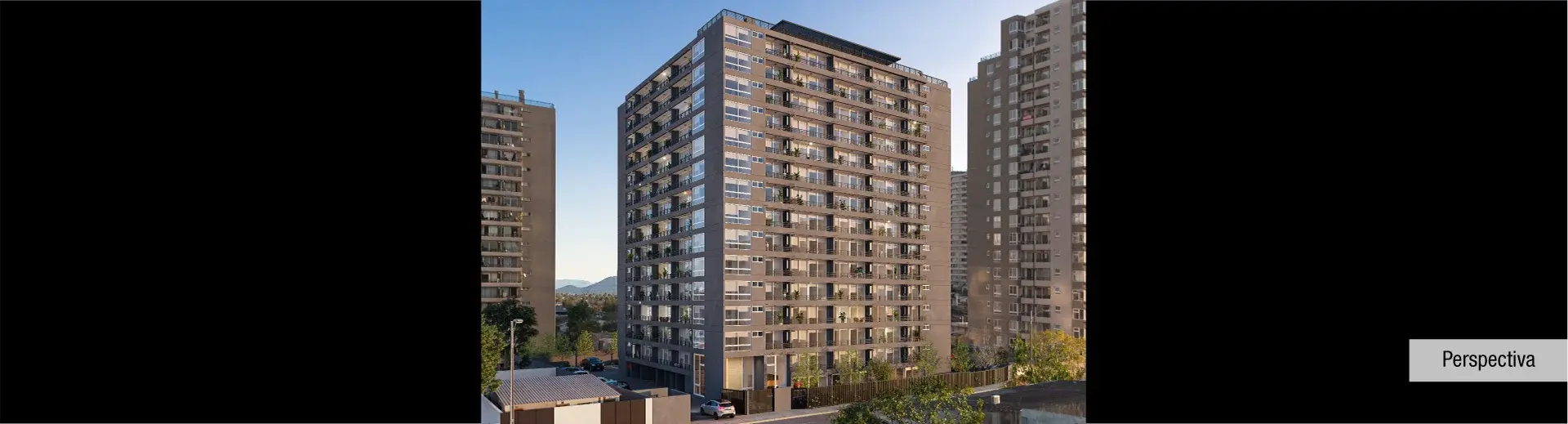 fachada frontal de Edificio Santo Corina de 15 pisos ubicado en La Cisterna. 