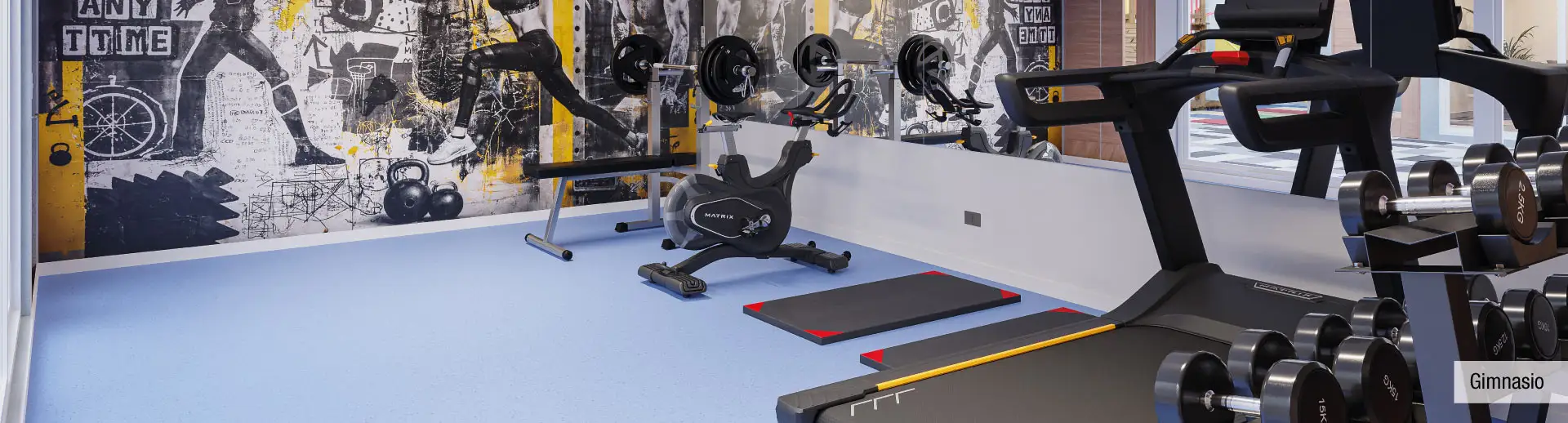 Gimnasio equipado de Condominio Trocadero en Antofagasta, mostrando sus modernas máquinas y pesas.