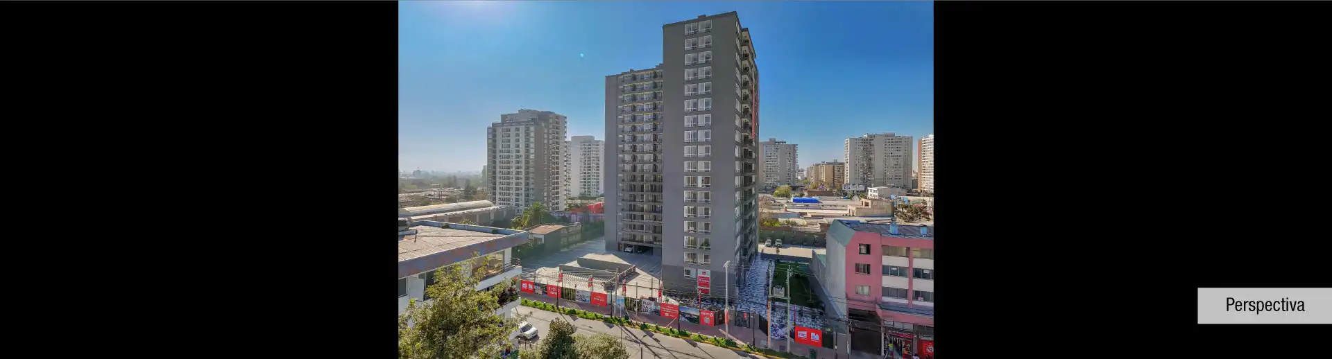 Fachada principal del Edificio Briones Luco en La Cisterna, destacando sus modernos 18 pisos.