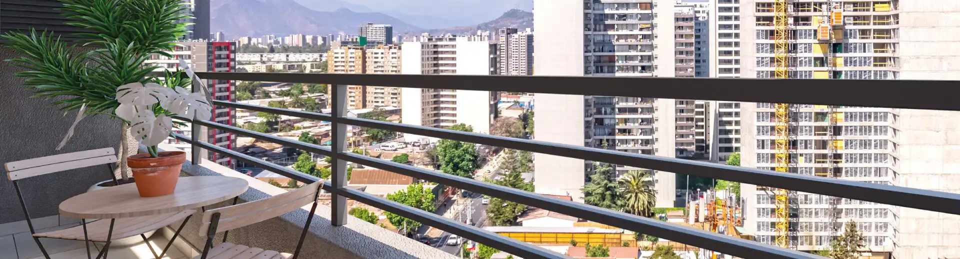 Terraza con piso de cerámica y vista despejada a la ciudad en Condominio Francisco Zelada, Estación Central.