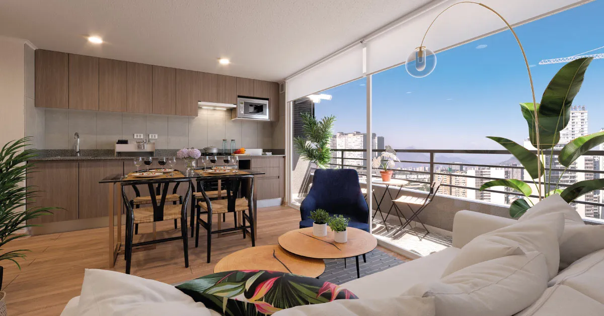 Luminoso living comedor con cocina equipada y piso vinílico SPC en Condominio Francisco Zelada, Estación Central.