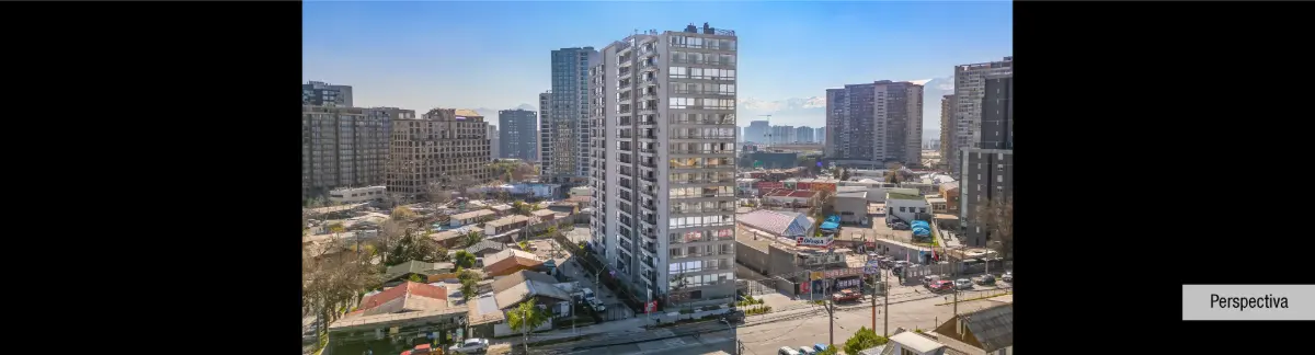 Vista en perspectiva de la moderna fachada del Edificio Lía Aguirre en la comuna de La Florida.