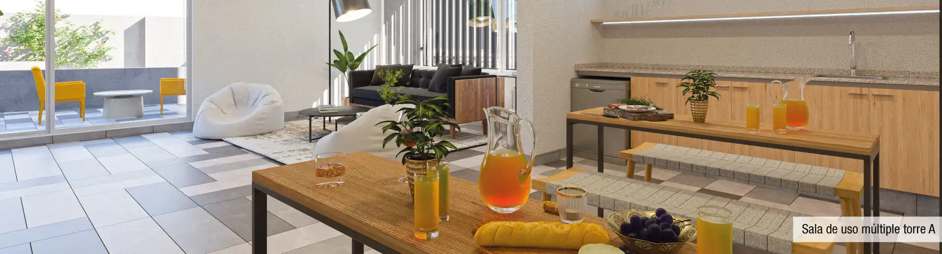 Sala de uso múltiple con moderna decoración en Torre A del Condominio Francisco Zelada, Estación Central.
