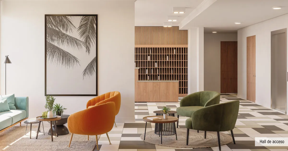 Hall de acceso independiente de Condominio Trocadero en Antofagasta, mostrando su moderna área de recepción.