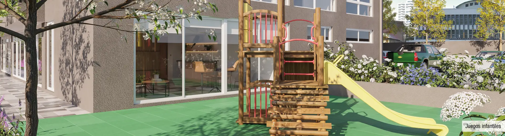 Zona de juegos infantiles en Edificio Santa Corina, La Cisterna, destacando áreas al aire libre.